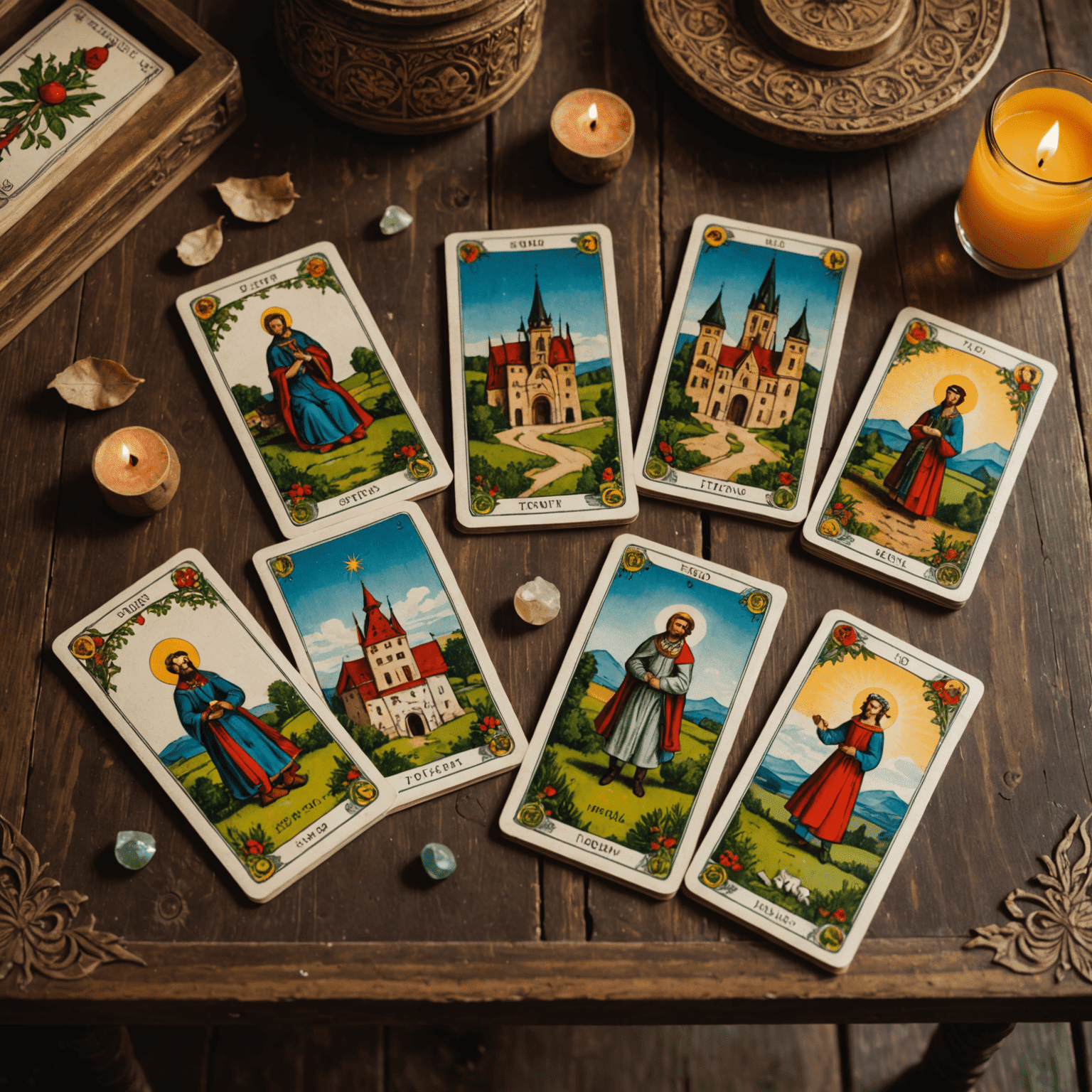 Hagyományos magyar motívumokkal díszített tarot kártyák, amelyek egy antik, faragott fa asztalon vannak elrendezve. A háttérben magyar tájkép látható.